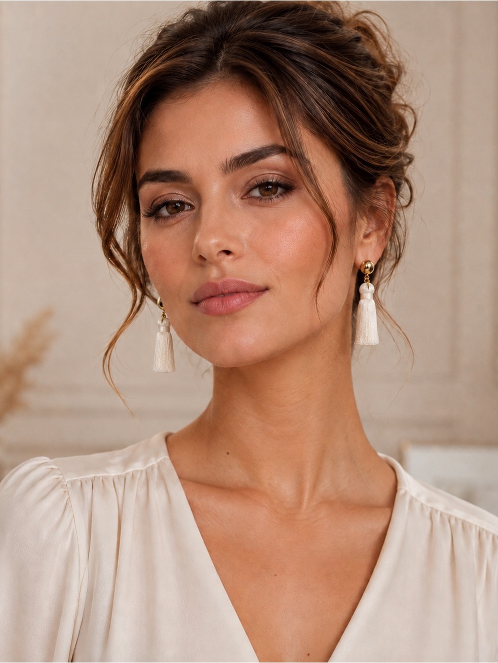 Cream Tassel Drop Earrings with Gold Accents